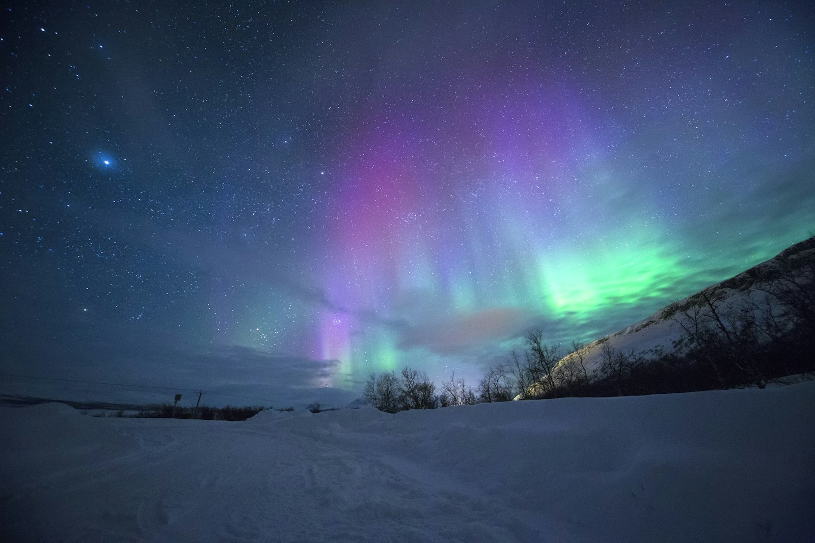 Vivid purple and green aurora borealis over snowy mountains near Tromsø